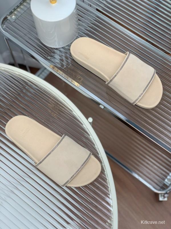 2025 Women Brunello Cucinelli Beige Suede Flat Slide Sandals Handmade Detailing KFY00240 (F)