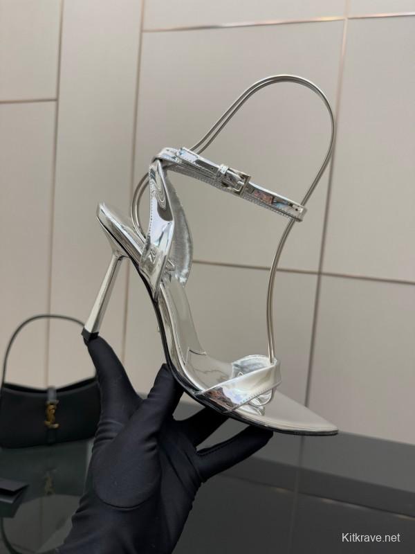 2025 Women Yves Saint Laurent Silver Leather Stiletto Sandals