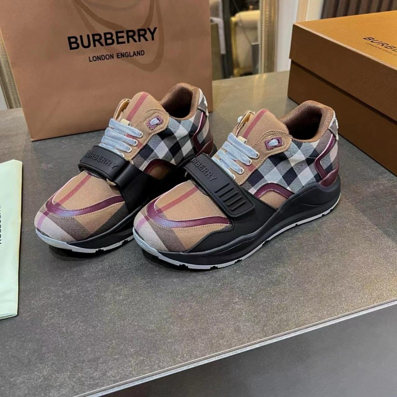 2025 Unisex Burberry Beige Black White Cotton Calfskin Suede Sneakers Vintage Pattern MJ00360(F)