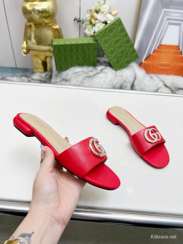 2025 Gucci Red Leather Slippers GG Ornament MJ00190