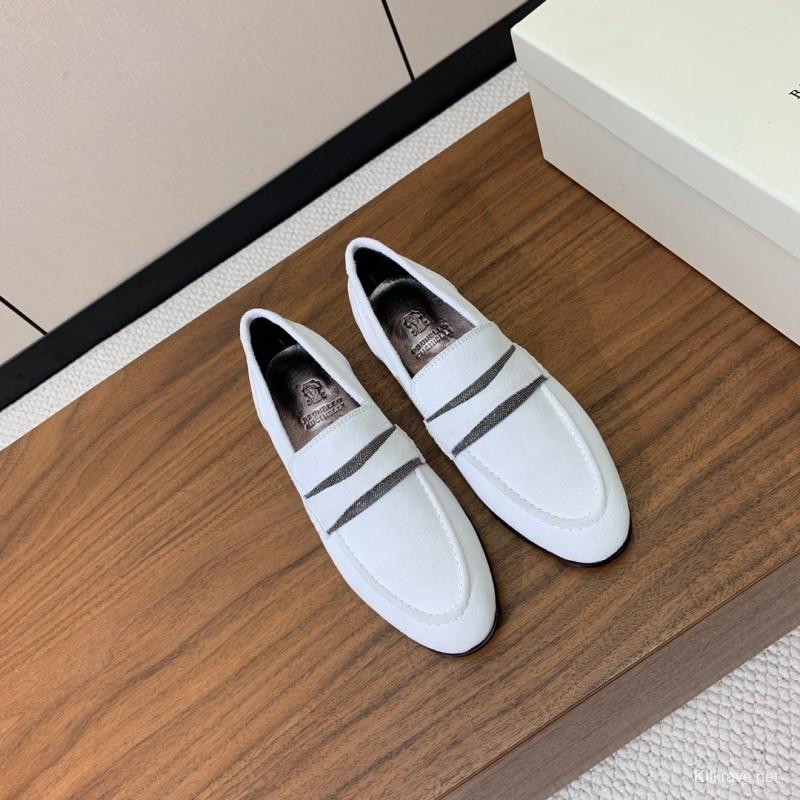 2025 Women Brunello Cucinelli White Suede Loafers Handcrafted Bead Chain Detail LY00360 (F)