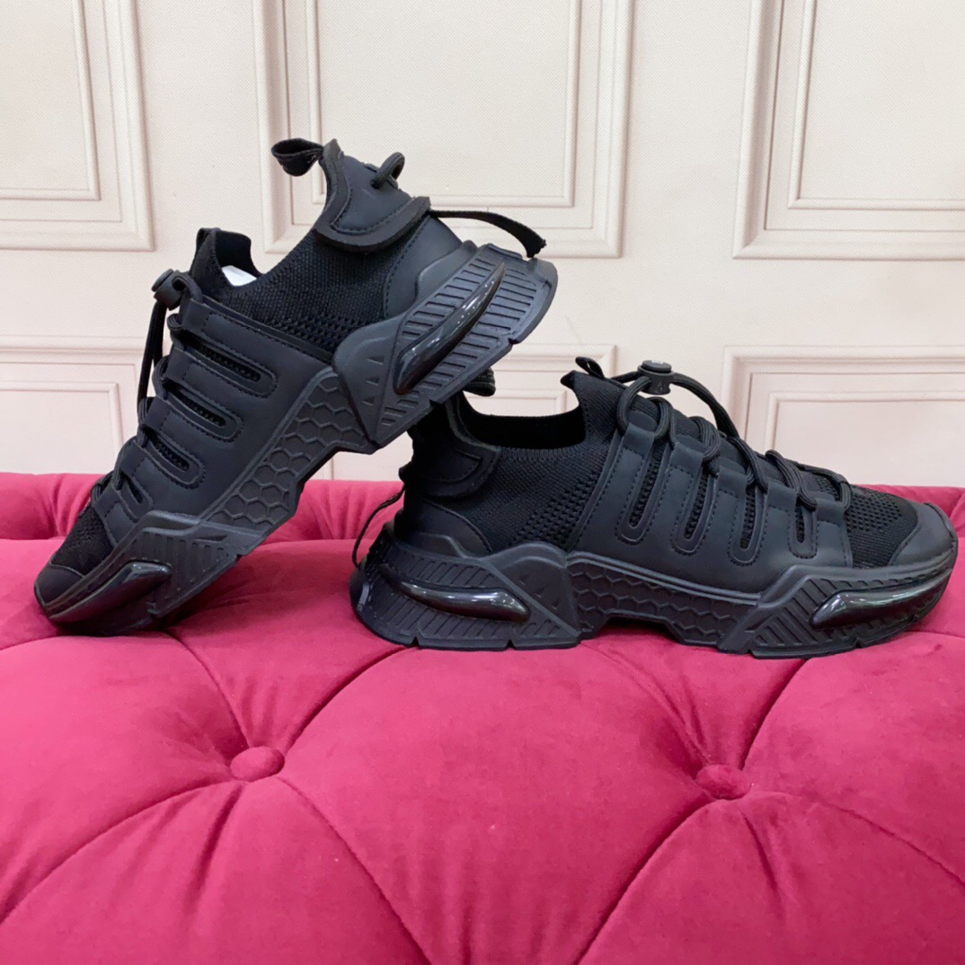 2025 Unisex Dolce & Gabbana Black Leather Knit Sneakers LY00340