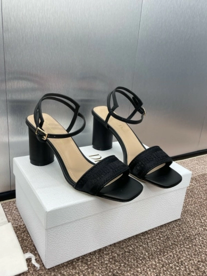 2025 Women Dior Black Leather Fabric Sandals