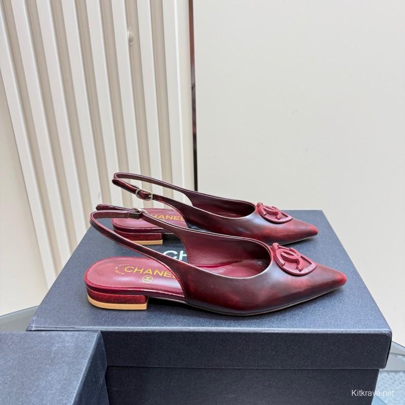 2025 Women Chanel Bordeaux Leather Slingback Sandals KFY00290