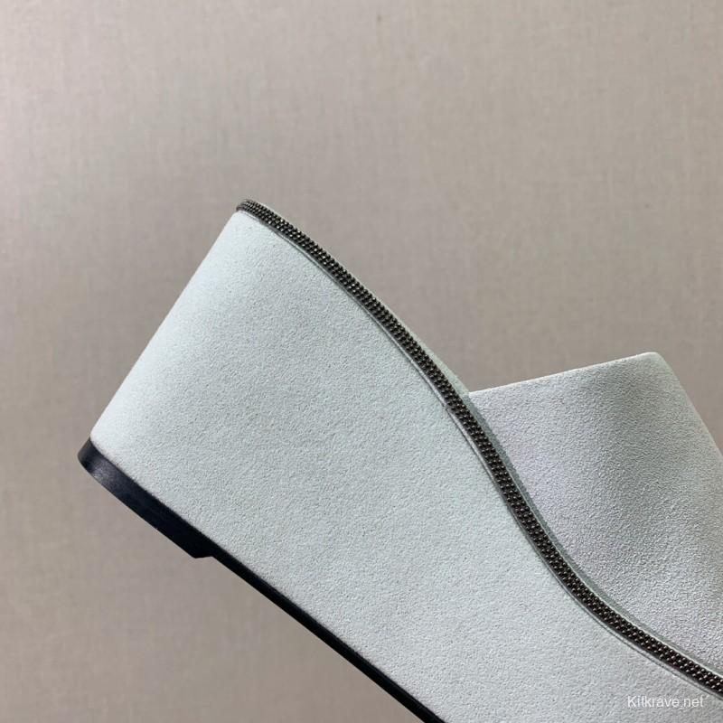 2025 Women BRUNELLO CUCINELLI White Suede Platform Slide Sandals Casual Craftsmanship LY00360(F)