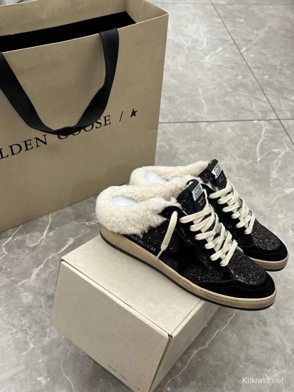 2024 GGDB Black Suede Shearling Slippers MJ00280