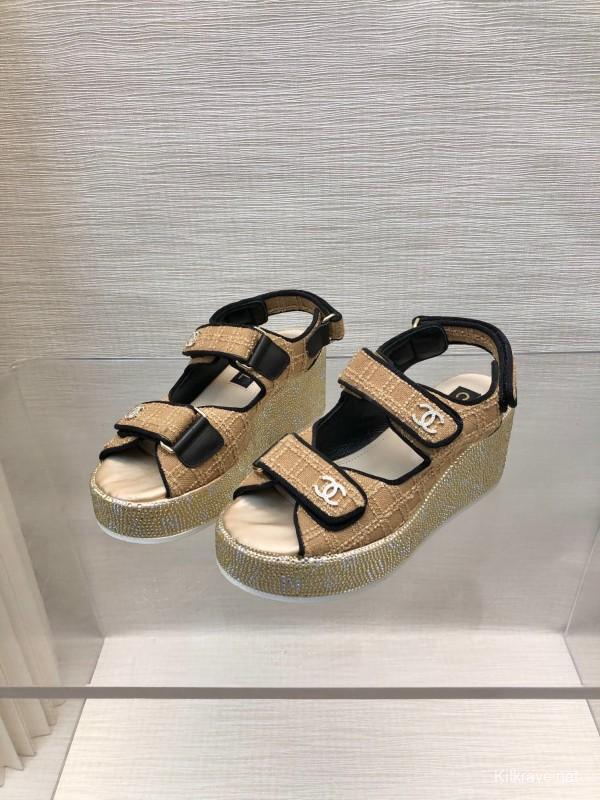 2025 Women Chanel Beige Black Leather Sandals Platform Thick Sole LY00330