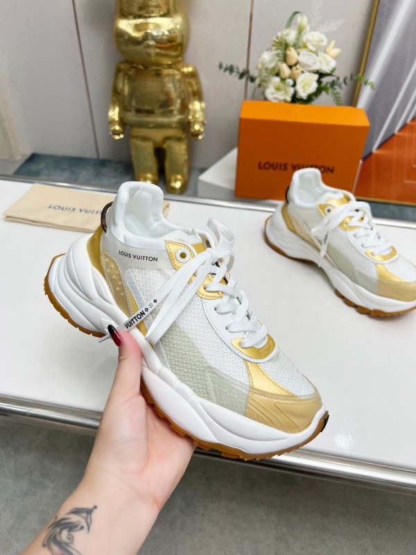 2025 Women Louis Vuitton White Gold Mesh Leather Sneakers LY00340