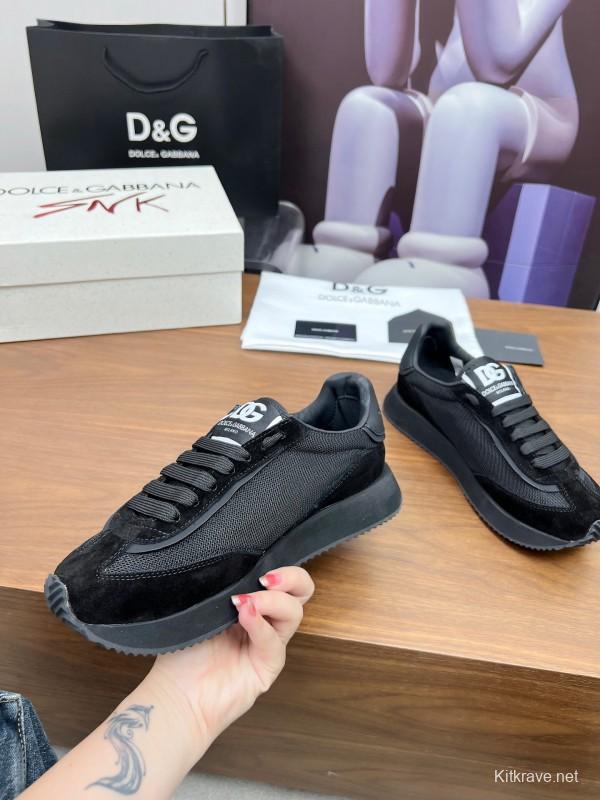 2025 Unisex Dolce & Gabbana Black Mesh Suede PU Sole Sneakers LY00300