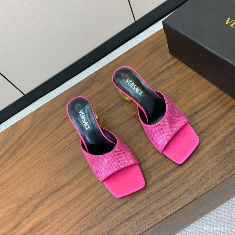 2025 Women VERSACE Pink Silk Leather Mules Crystal Embellishment KFY00300
