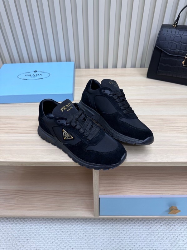 2025 Women Prada Black Suede Nylon Sneakers LY00300