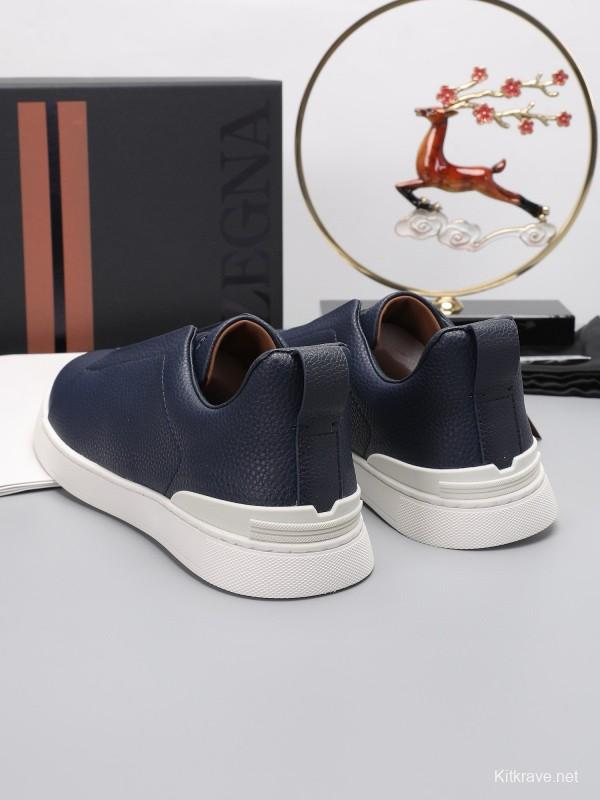 2024 Men Ermenegildo Zegna Navy Leather Low Top Sneakers MJ00240