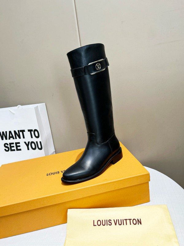 2024 Women Louis Vuitton Black Full Grain Leather Knee High Boots MJ00400
