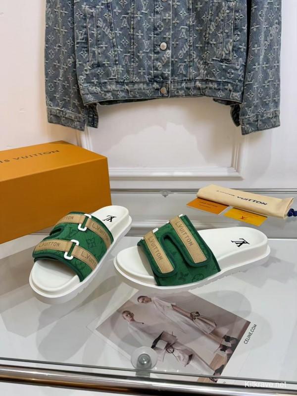 2025 Slippers Louis Vuitton Green White Canvas Slippers LY