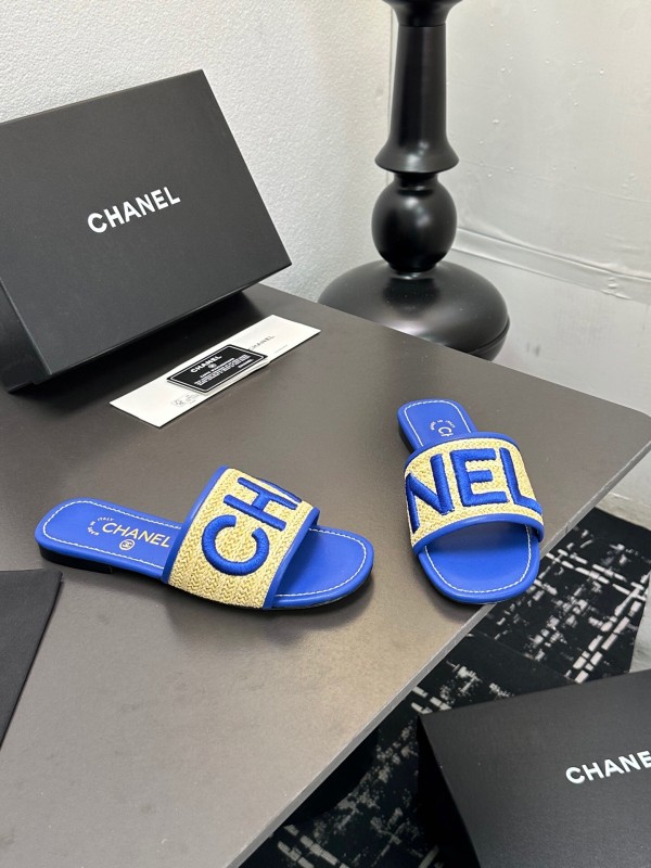 2025 Women CHANEL Blue Beige Canvas Slippers