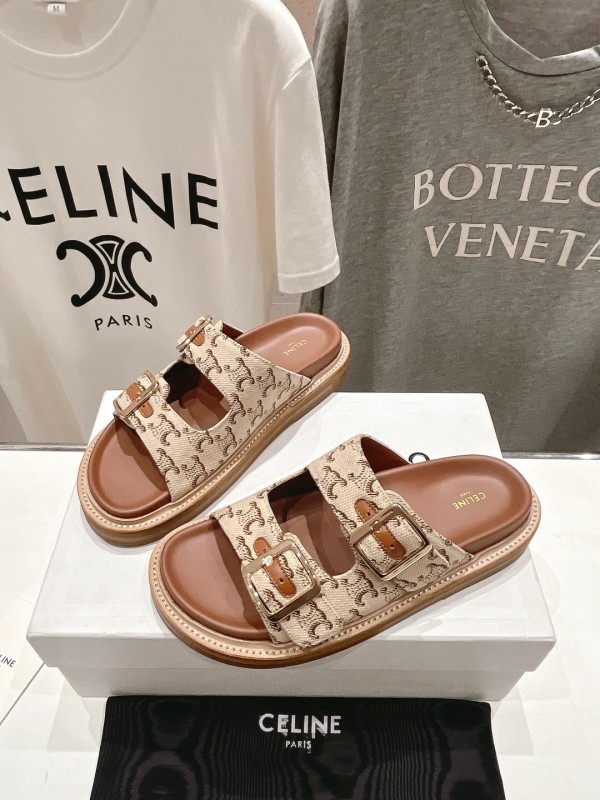 2025 Women Celine Beige Canvas Vintage Style Double Buckle Sandals Handcrafted Unisex LY00360(F)