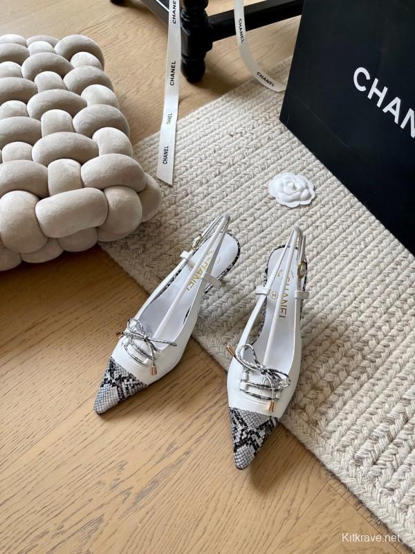2025 Women Chanel White Black Python Leather Slingback Heels