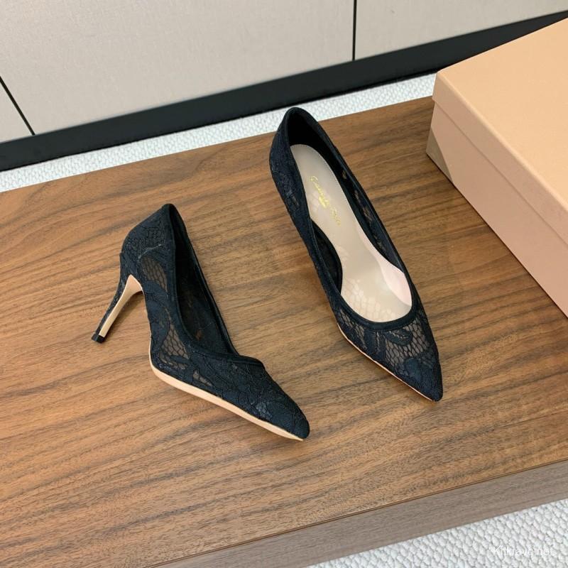 2025 Women Gianvito Rossi Black Lace Leather Pumps KFY00280