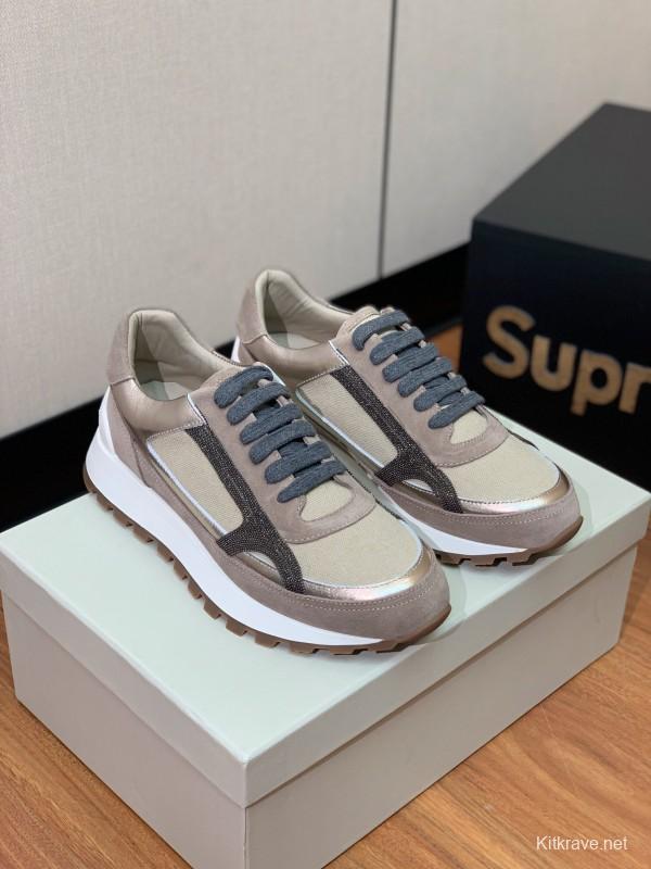 2025 Unisex Brunello Cucinelli Beige Grey Suede Mesh Sneakers LY