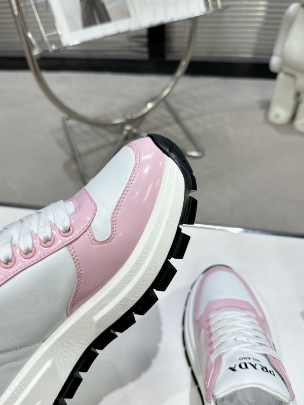 2025 Women Prada White Pink Leather Sneakers
