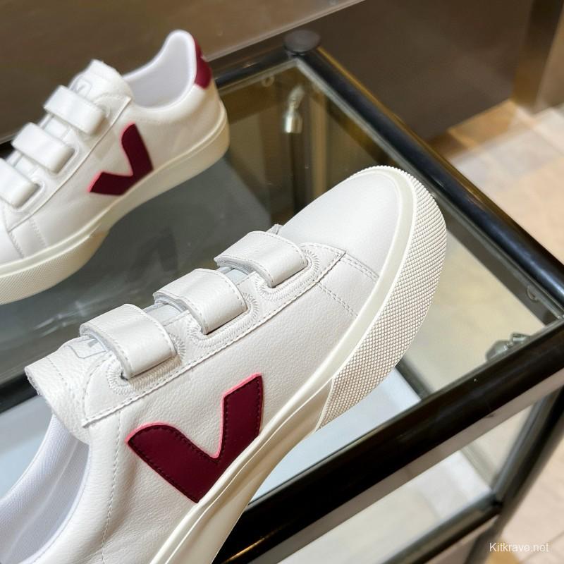 2025 Unisex VEJA White Burgundy Leather Canvas Sneakers MJ00240