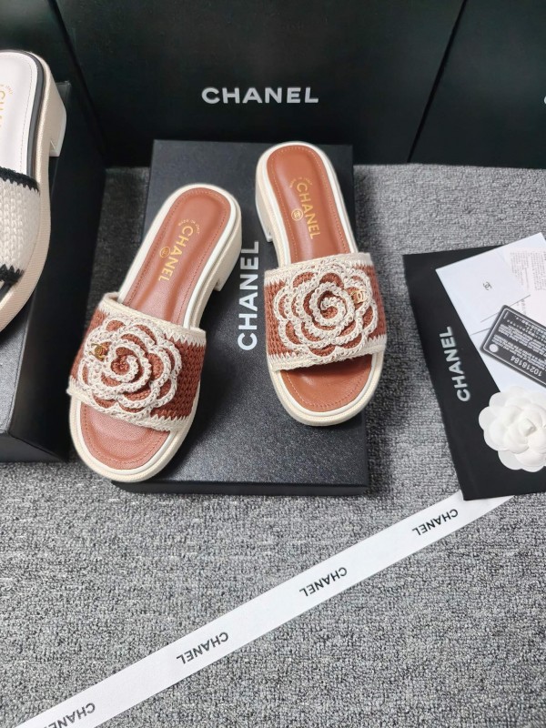 2025 Women Chanel Brown White Leather Slippers