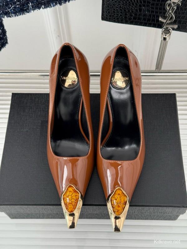 2024 Women Yves Saint Laurent Brown Patent Leather High Heels Metal Tip MJ00330