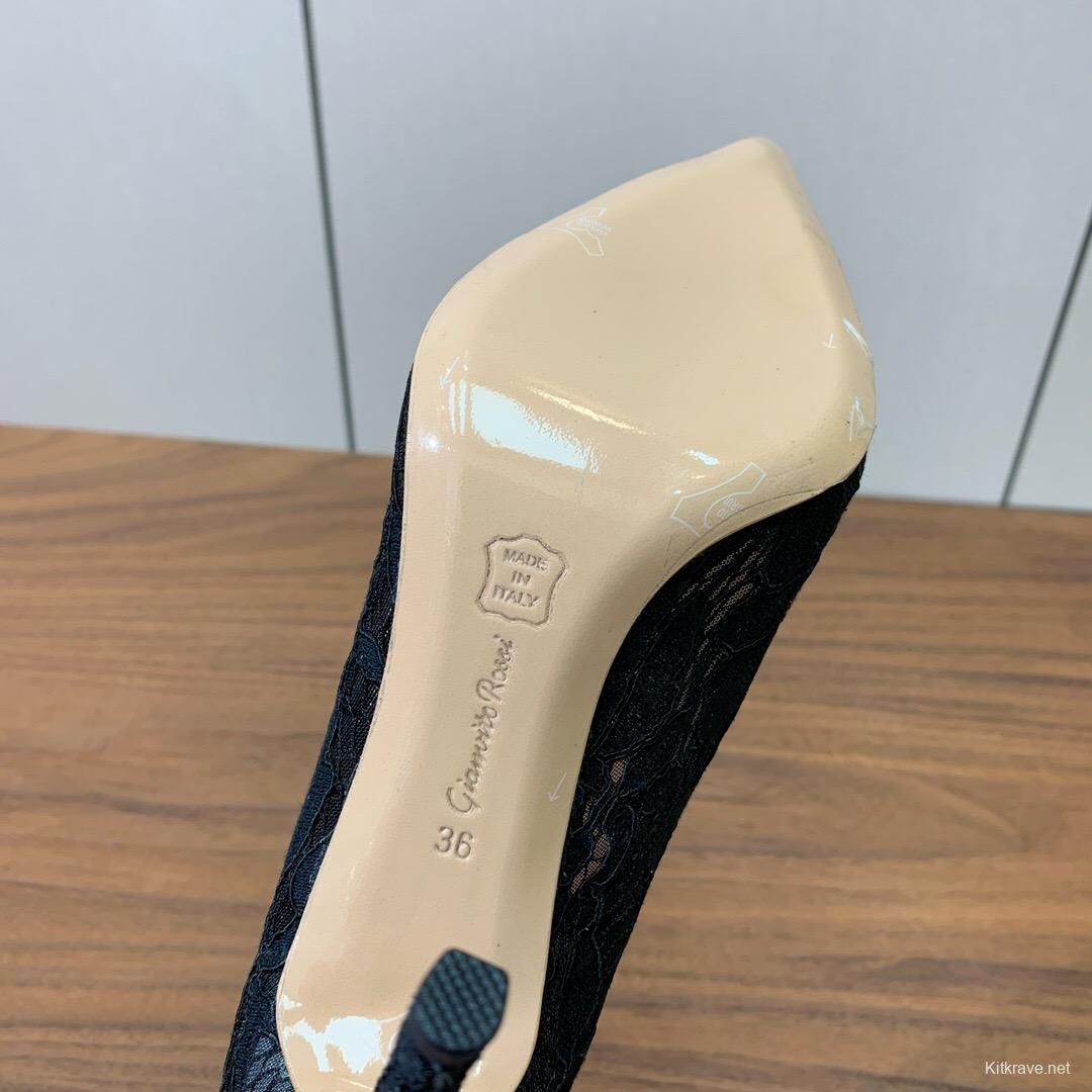 2025 Women Gianvito Rossi Black Lace Leather Pumps KFY00280