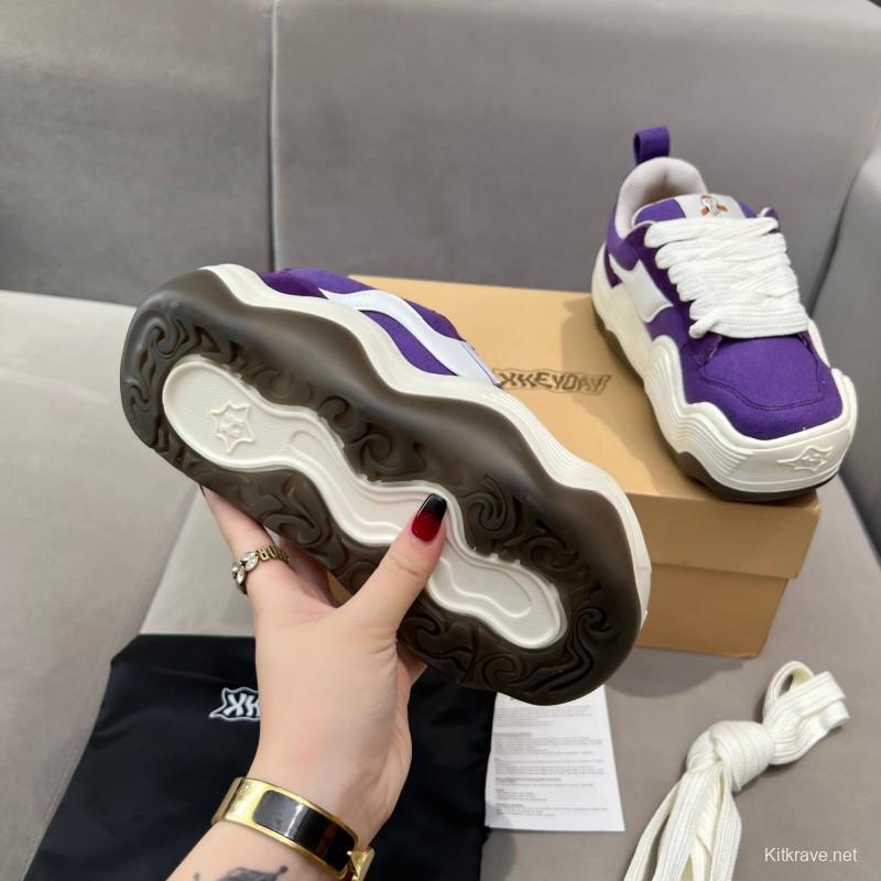 2025 Unisex HEYDAY Purple White Canvas Leather Sneakers Wave Sole KFY00260