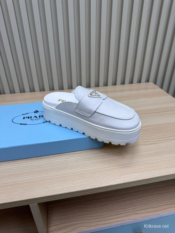 2025 Women Prada White Leather Slippers KFY00280