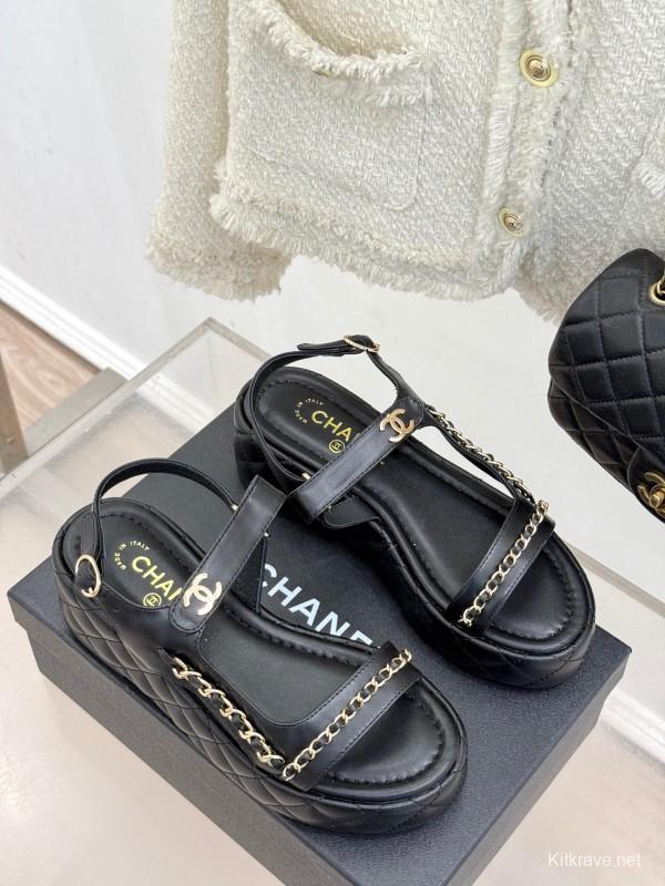 2025 Women Chanel Black Lambskin Platform Sandals Chain KFY00270