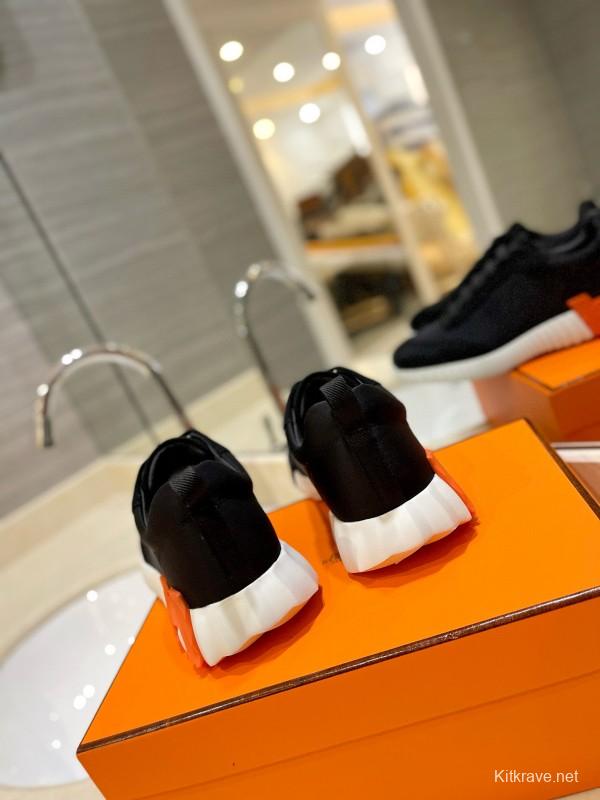 2024 Unisex Hermès Black Orange Glossy Calfskin Nylon Sneakers MJ00320