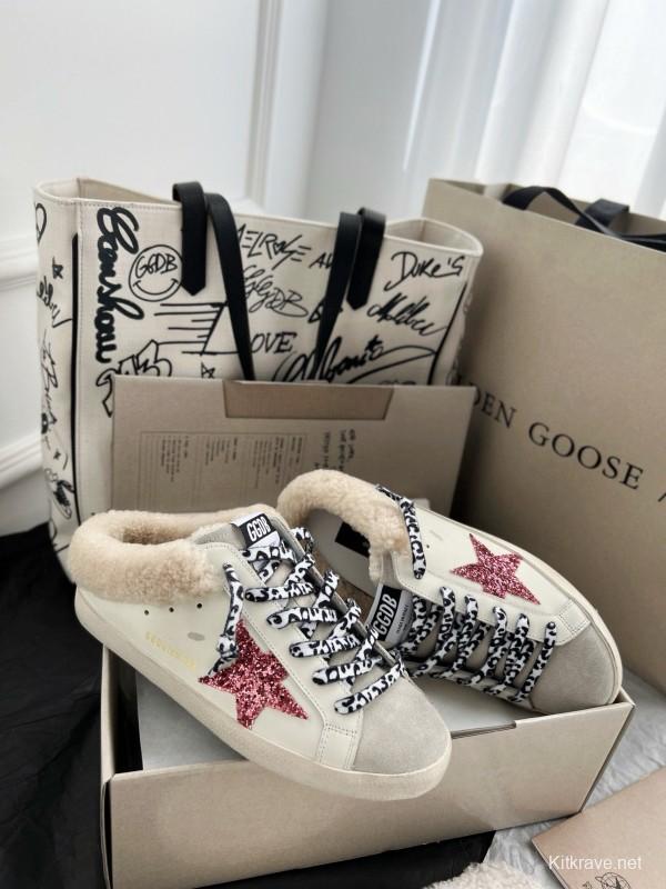 2024 Unisex GGDB White Pink Glitter Suede Leather Fur Slippers MJ00280