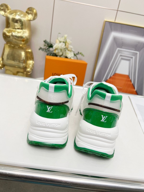 2025 Unisex Louis Vuitton White Green Leather Mesh Rubber Sneakers LY00340