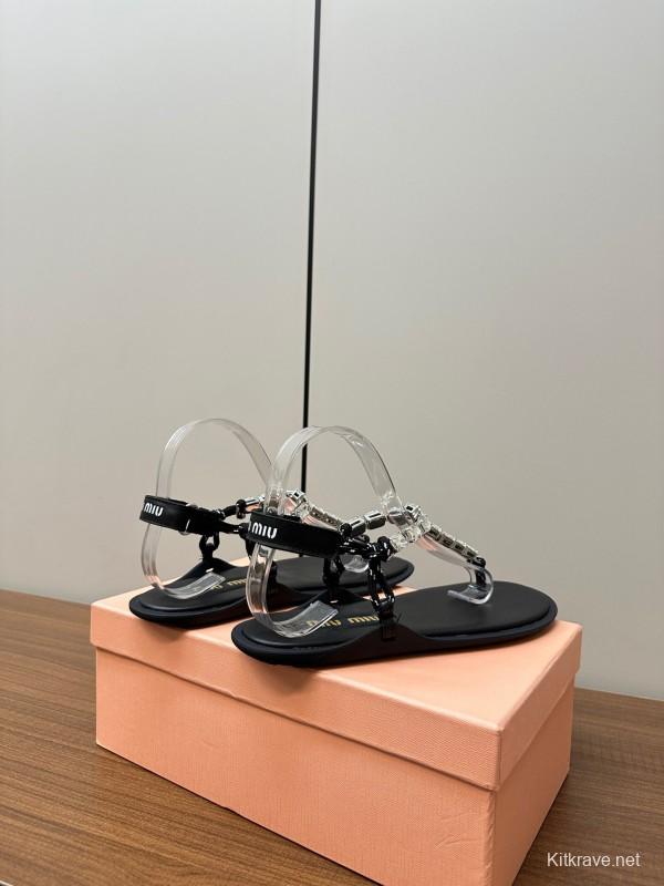 2025 Women Miu Miu Black Leather Rhinestone Sandals LY