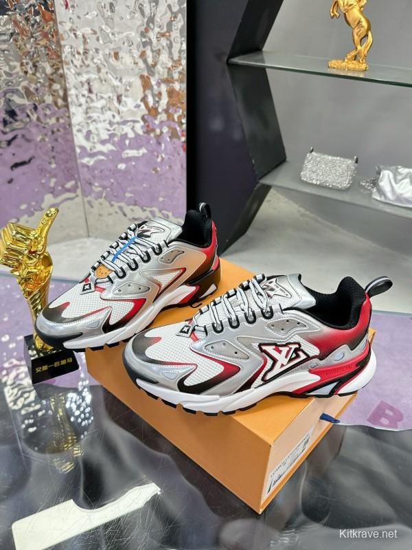 2025 Men Louis Vuitton White Red Black Leather Mesh Sneakers MJ00420