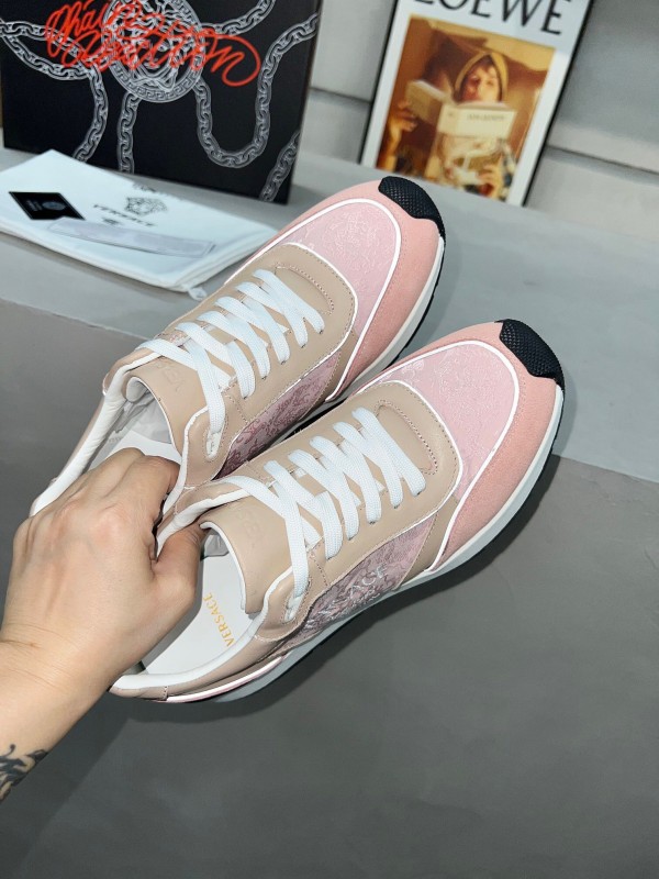 2025 Women VERSACE Pink Beige Suede Leather Sneakers Embroidery LY00320