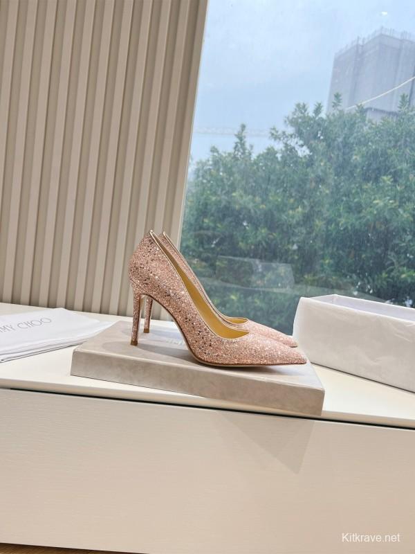 2025 Women Jimmy Choo Pink Glitter Leather Pointed Toe Pumps KFY00280