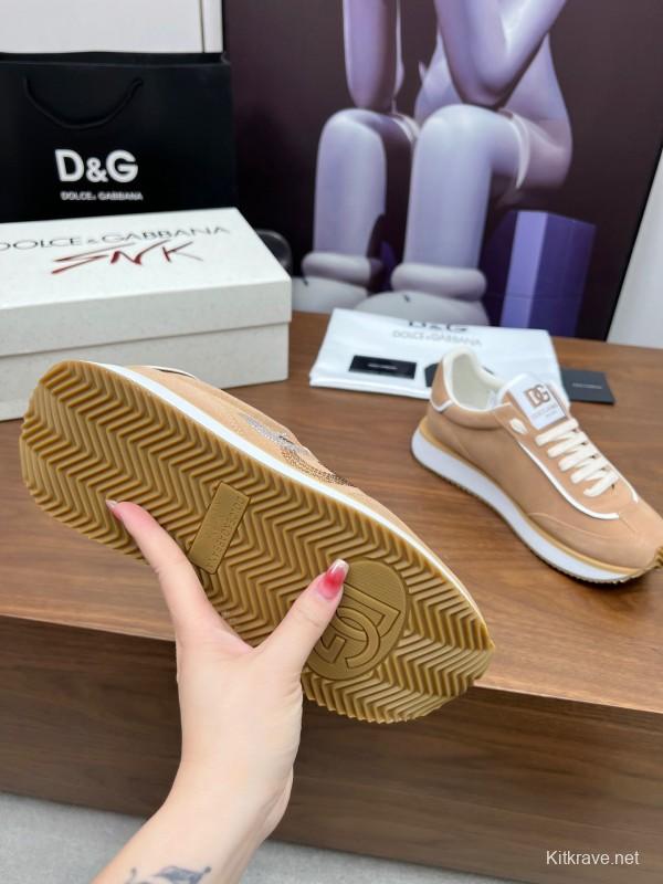 2025 Unisex Dolce & Gabbana Beige White PU Casual Sneakers LY00300