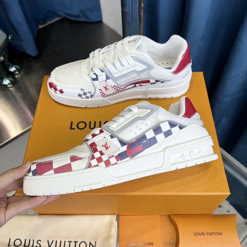 2025 Unisex Louis Vuitton White Red Blue Leather LV Trainer