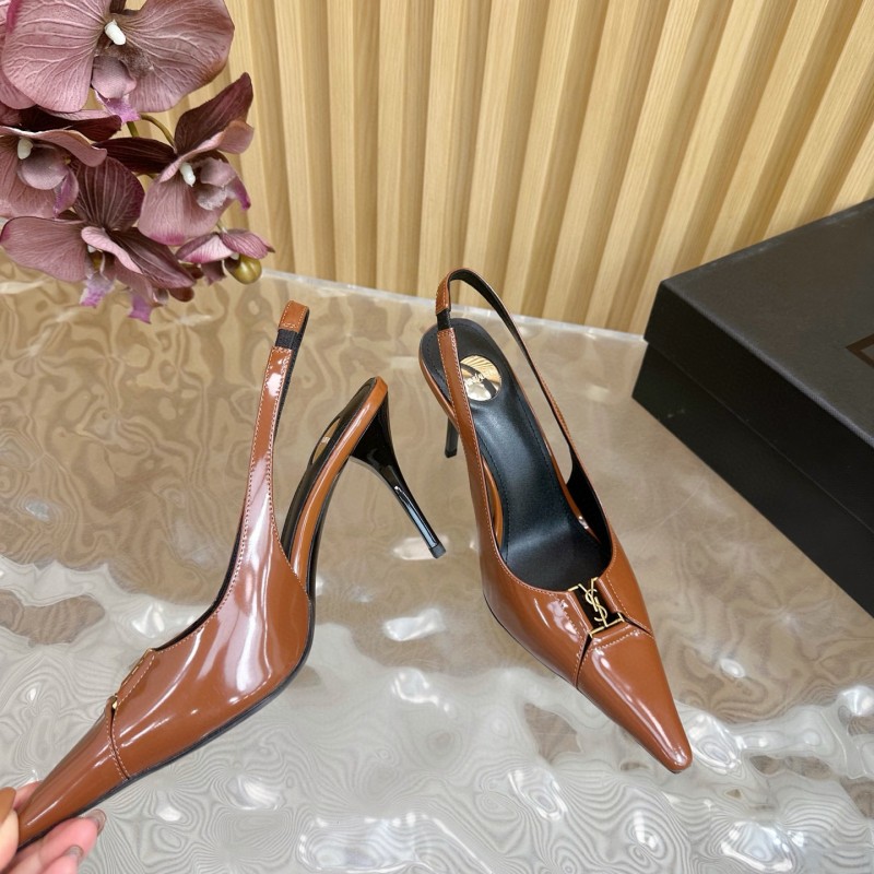 2025 Women Yves Saint Laurent Brown Patent Leather Slingback Heels