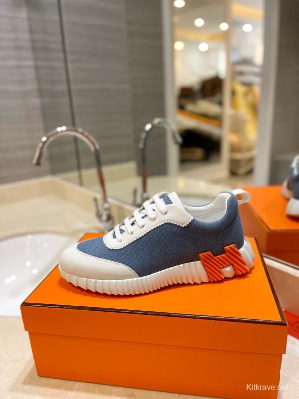 2024 Unisex Hermès Blue White Imported Silk Lambskin Casual Sneakers MJ00320