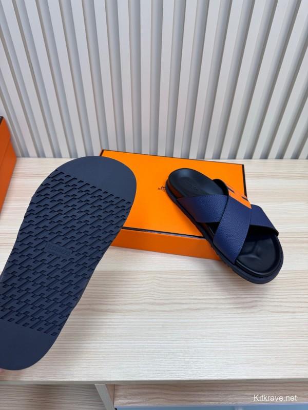 2025 Slippers Hermès Navy Orange Leather Cross Strap