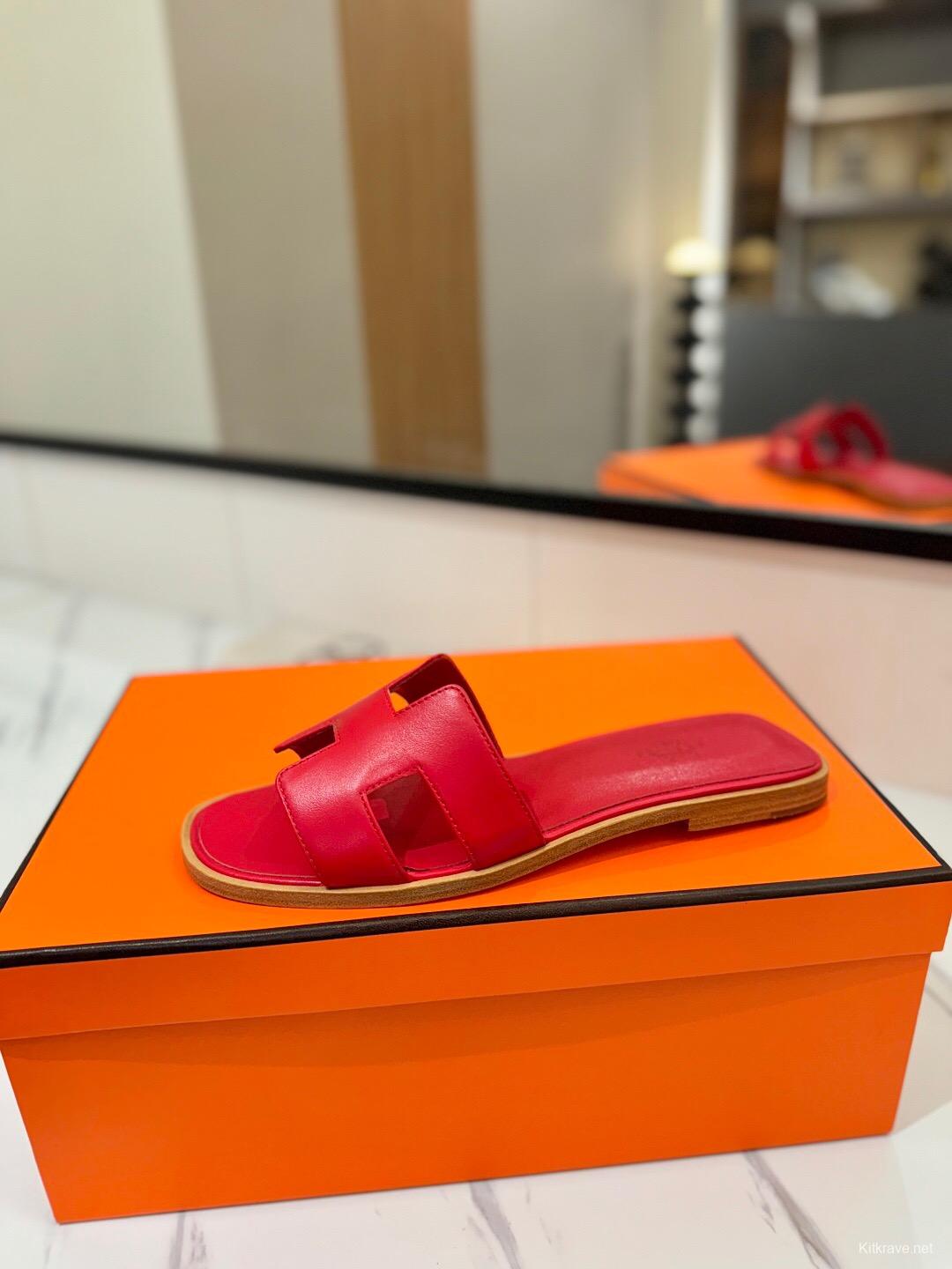 2025 Women Hermès Red Leather Slippers