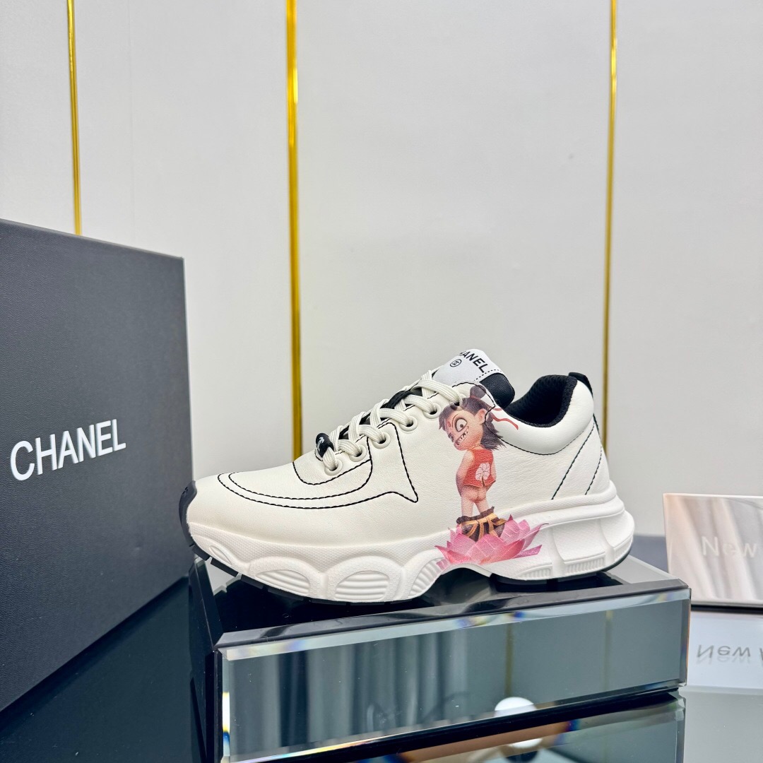 2025 Women Chanel White Leather Sneakers Nezha Pattern