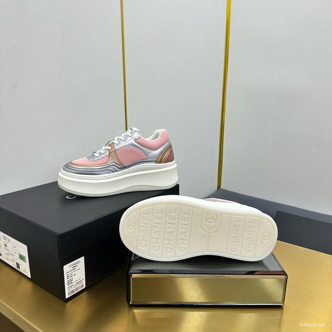 2025 Women Chanel Pink Silver Leather Mesh Sneakers