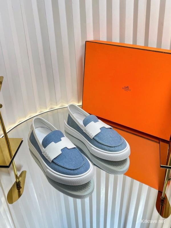 2025 Women Hermès Blue White Leather Canvas Loafers LY00310