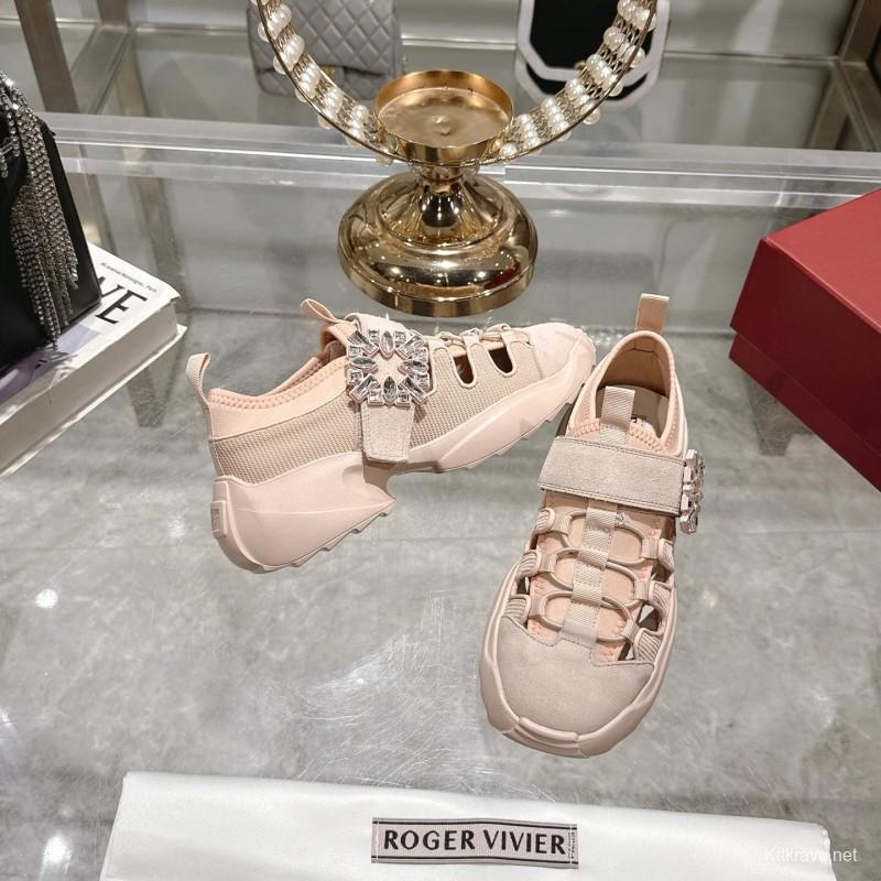 2025 Women Roger Vivier Pink Knit Suede Sneakers Crystal Buckle LY00300