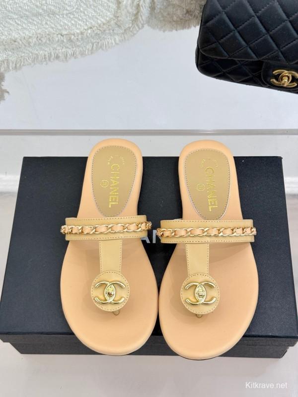 2025 Women Chanel Beige Lambskin Chain Toe Post Sandals KFY00250