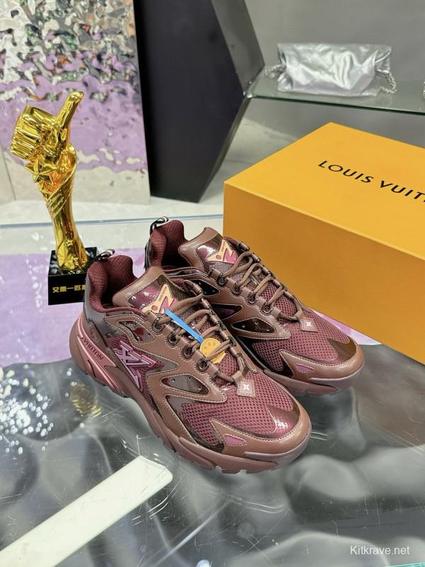 2025 Men Louis Vuitton Brown Mesh Leather Sneakers MJ00420